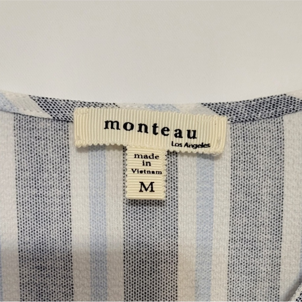 Monteau—Blue and White Striped V Neck Tie Back Adjustable Waist Midi Dress—M - Picture 3 of 5
